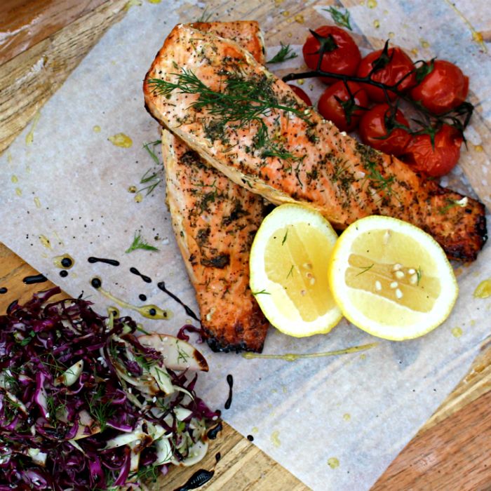 Baked salmon with fennel & tomatoes — a United Kingdom dish