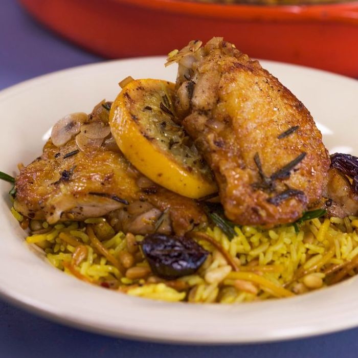 Chicken with saffron, raisins & pine nuts — a Spain dish
