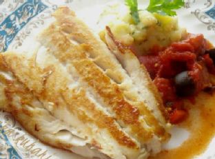 Cod with Tomato-Olive-Chorizo Sauce and Mashed Potatoes — lunch