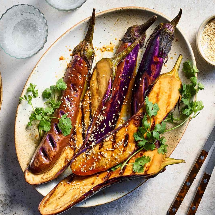 Griddled aubergines with sesame dressing — a Turkey dish