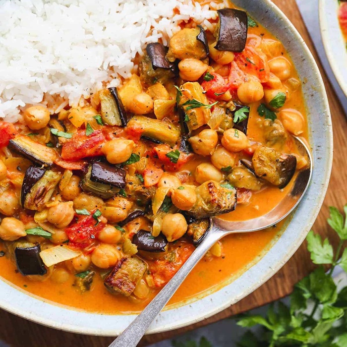 Grilled aubergines with spicy chickpeas & walnut sauce — a Turkey dish