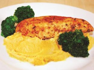 Herb chicken with sweet potato mash and sautéed broccoli — lunch