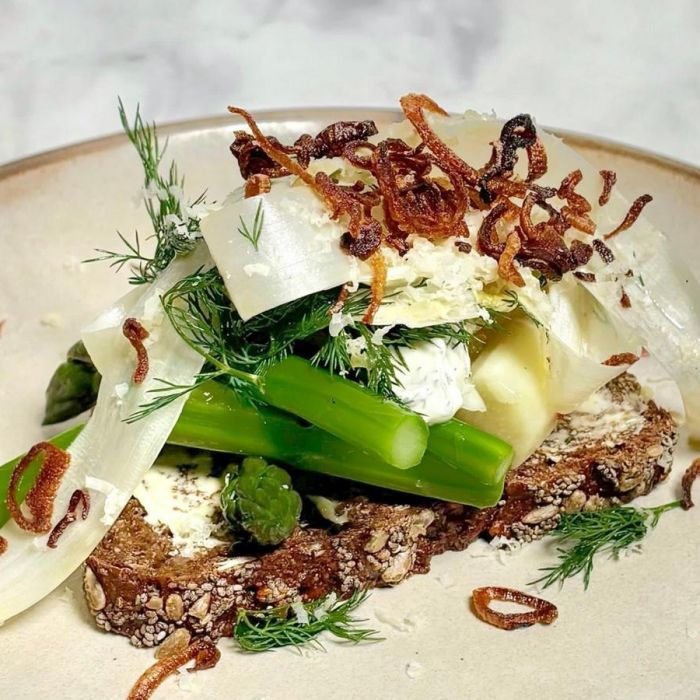 Nordic smørrebrød with asparagus and horseradish cream — a Norway dish