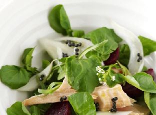 Salmon, Watercress, Fennel and Baby Beetroot Salad With Lemony "Caviar" Dressing — side dish