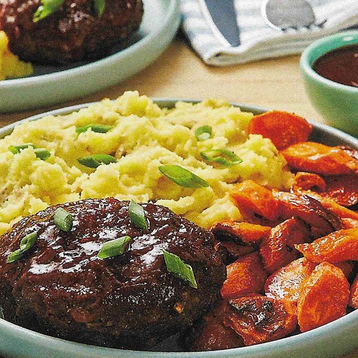 Soy-Glazed Meatloaves with Wasabi Mashed Potatoes & Roasted Carrots — a United States dish