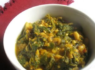 Spicy Black-Eyed Pea Curry with Swiss Chard and Roasted Eggplant — a India dish